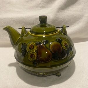 Vintage Green Ceramic Teapot with Fruit Design